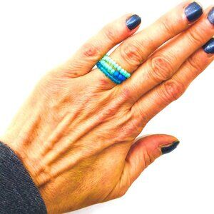 RING SET of 3 Seed Bead Elastic Blue Aqua Clear